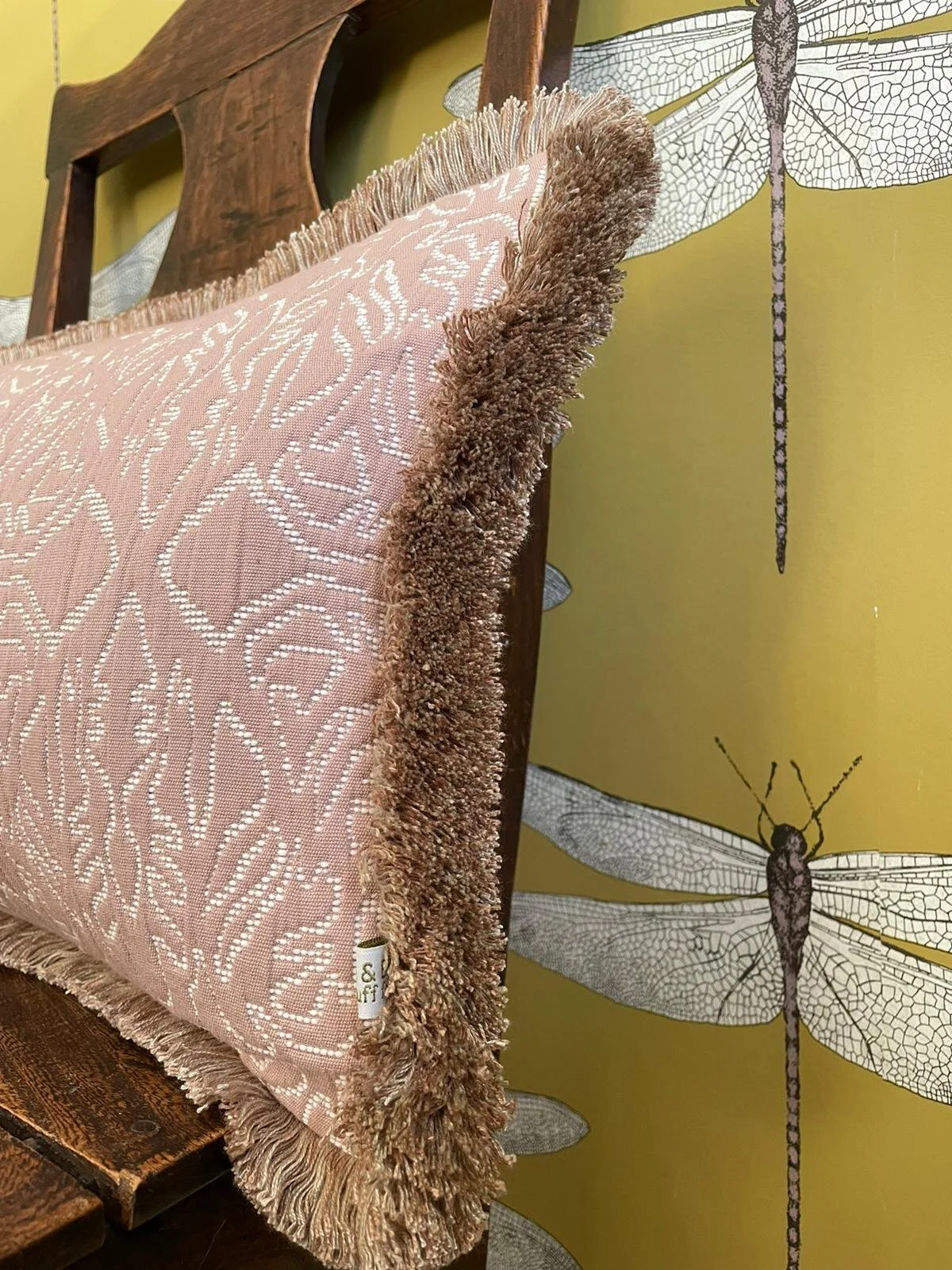 MADE TO ORDER - Lewis &amp; Wood Stockholm Stitch Plaster Pink Rectangle Cushion with fringing.
