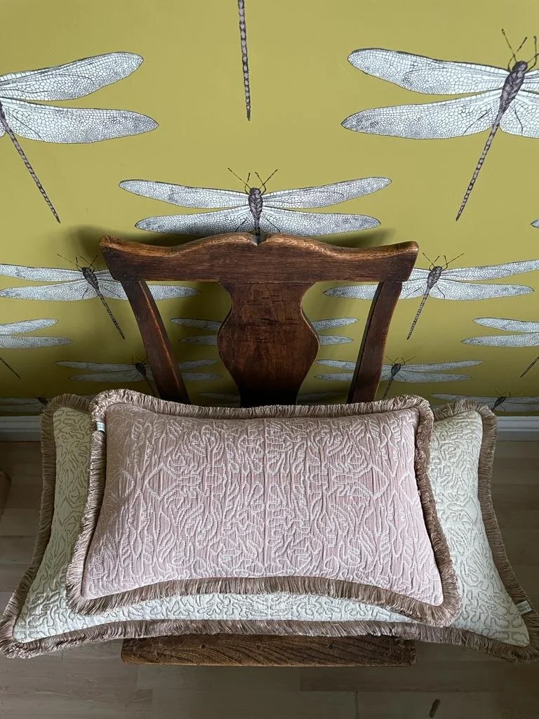 MADE TO ORDER - Lewis &amp; Wood Stockholm Stitch Plaster Pink Rectangle Cushion with fringing.