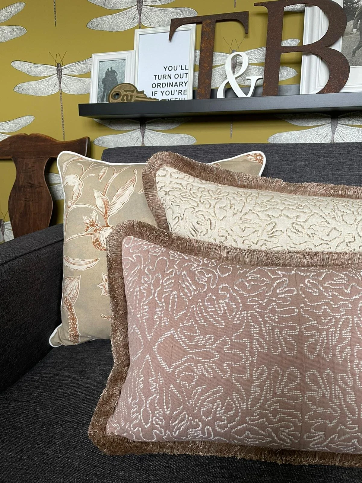 MADE TO ORDER - Lewis &amp; Wood Stockholm Stitch Plaster Pink Rectangle Cushion with fringing.