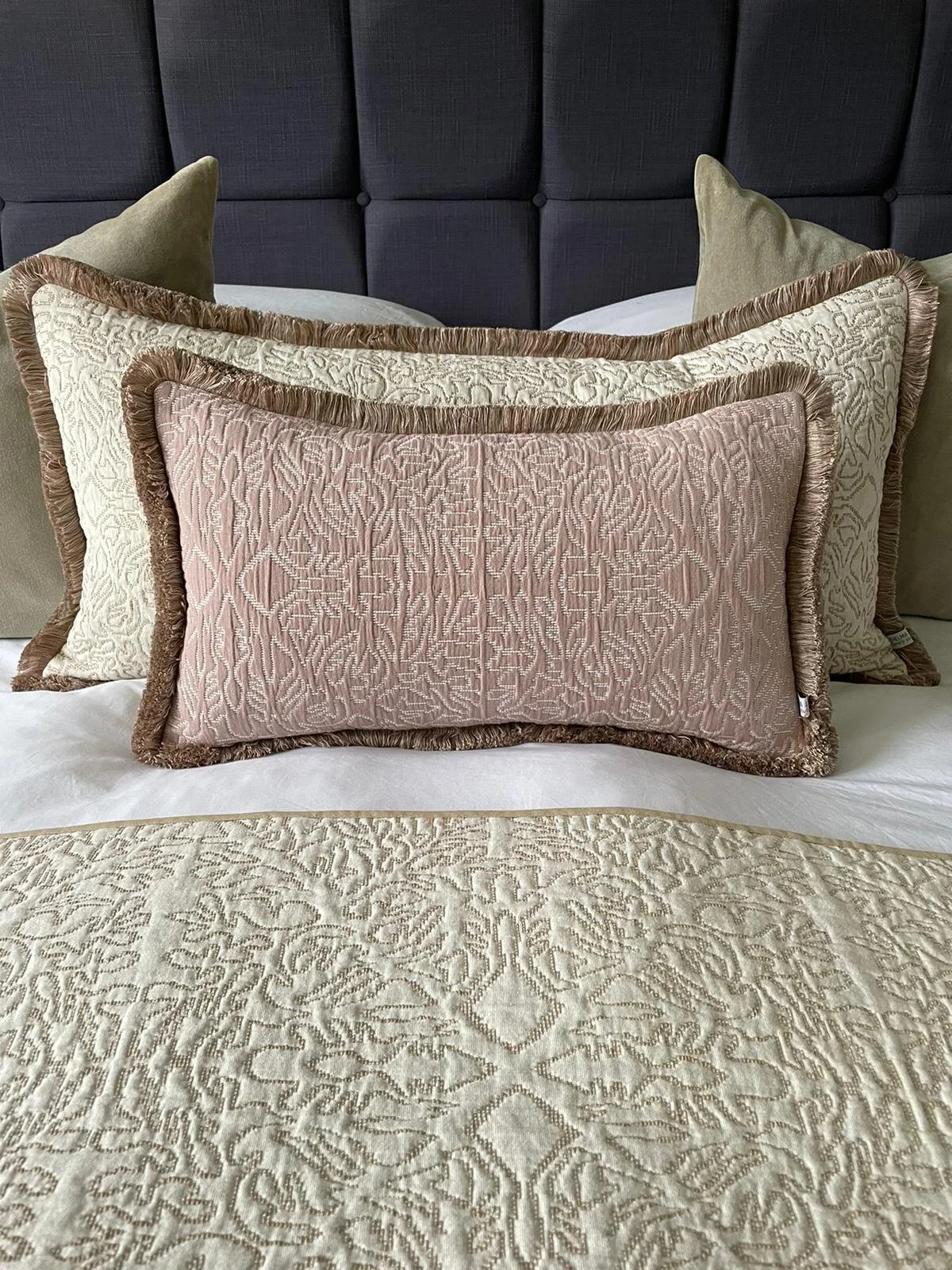 MADE TO ORDER - Lewis &amp; Wood Stockholm Stitch Plaster Pink Rectangle Cushion with fringing.