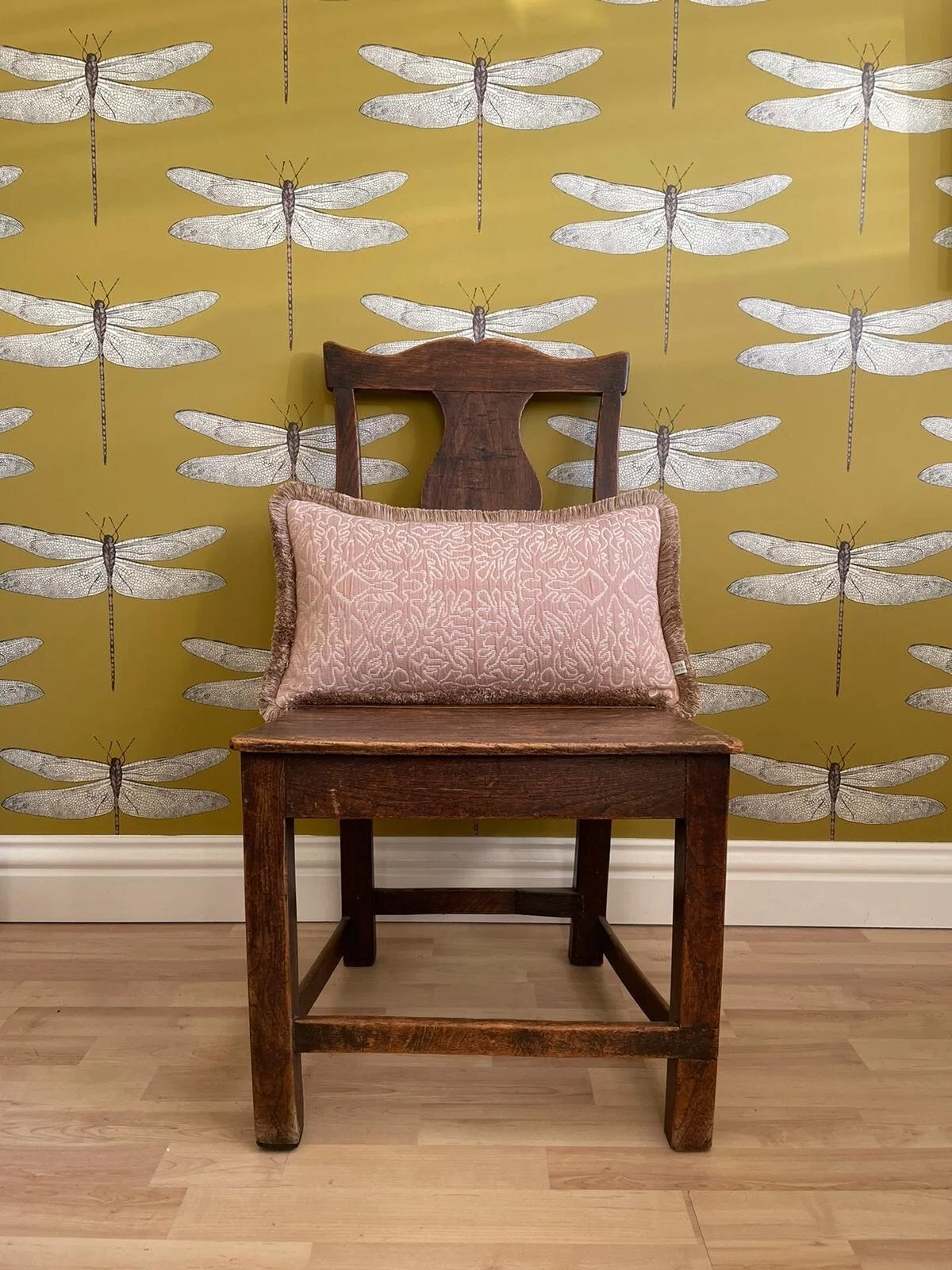 MADE TO ORDER - Lewis &amp; Wood Stockholm Stitch Plaster Pink Rectangle Cushion with fringing.