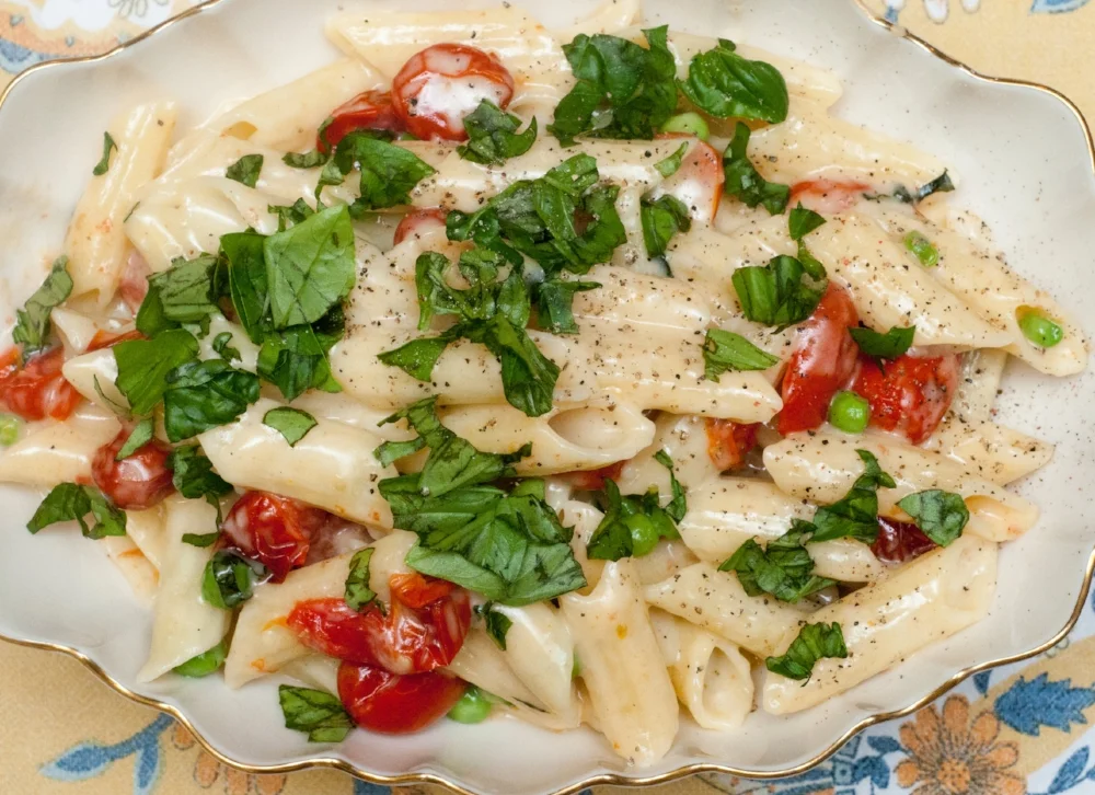 Mac and Cheese with Peas and Roasted Tomatoes