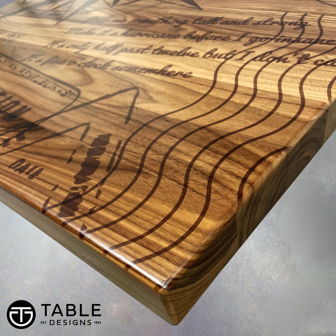 @tabledesigns1: When imaginative minds have access to creative tools, the possibilities of what can be achieved are endless. ​​​​​​​​​
This table top is simply spectacular. A custom digital print on 1-3/4&Prime; Walnut Plank (natural/no stain). 
A di