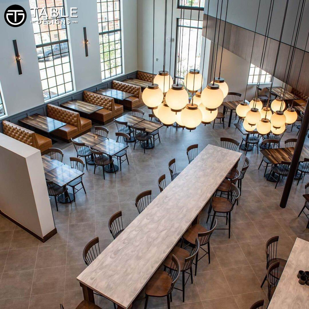@tabledesigns1: Studio Partnership brought a community vision to life for Groundwork Kitchen, a pioneering restaurant that features Table Design's digital printing capabilities with these beautiful, digitally printed table tops.​​​​​​​​​.
Tables: Cus