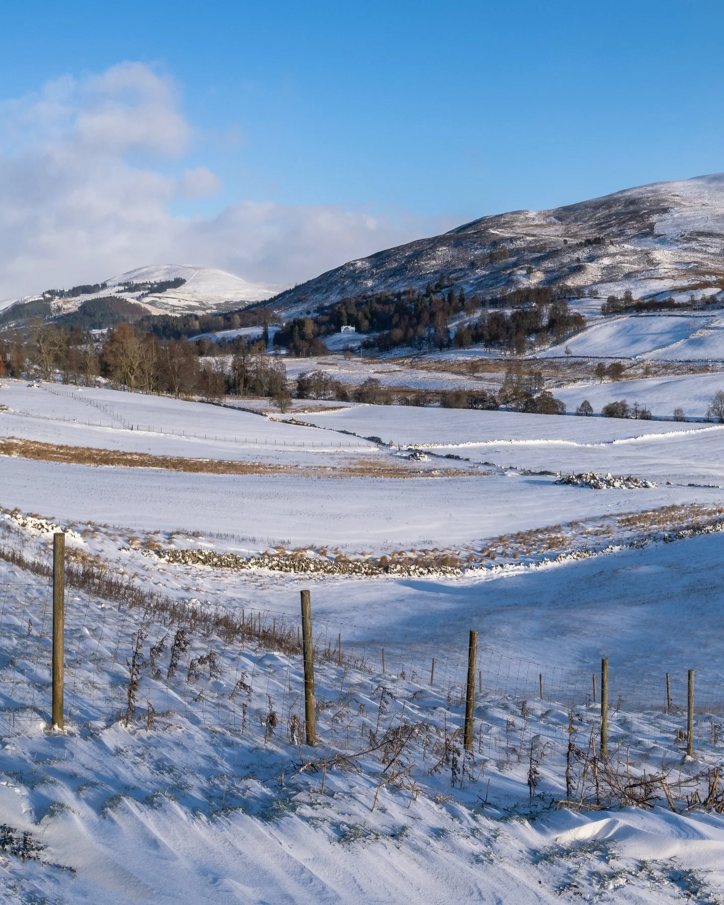 Glenshee with Mount Blair rising up in the background after a night of snowfall - the clear blue skies and the rising sun bringing warmth to the frigid landscape as high winds blow, whipping sparkling crystals of ice dancing along the fields. 

#land