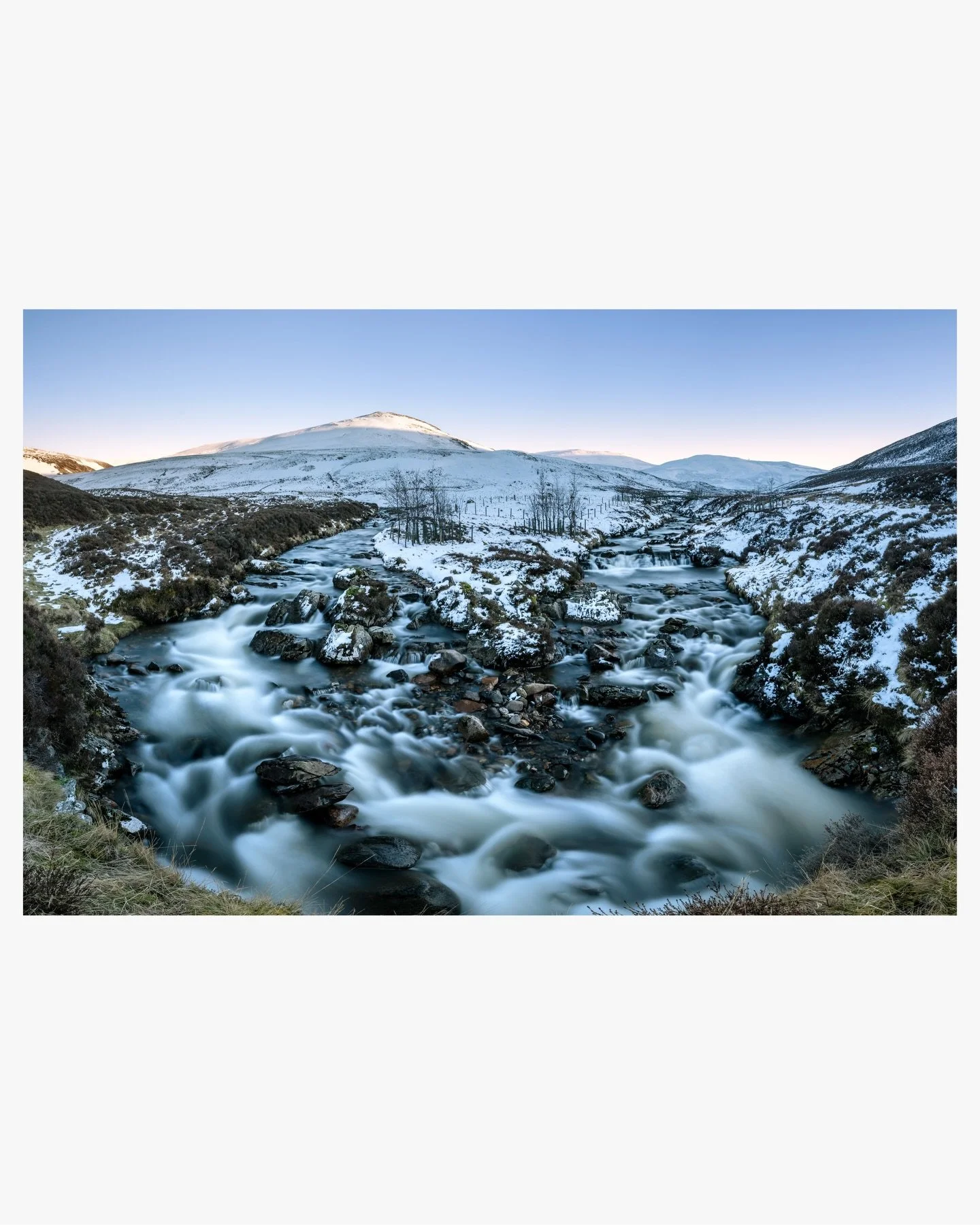 Swipe (slowly) for a larger swipeable pano. 4 images stitched for this one and lots of exposure bracketing for difficult evening lighting. The meeting of two burns with a snowy wintery backdrop in the southern Cairngorms. Love this spot and love thes