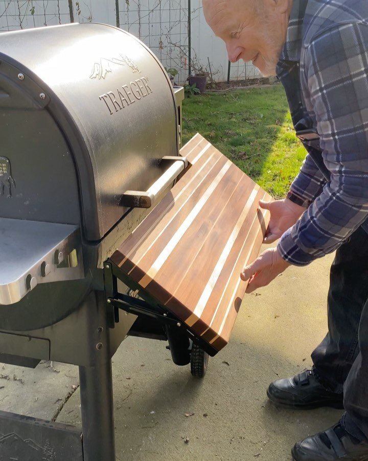 That&rsquo;s my buddy Ron. We&rsquo;ve been working on making some folding shelves that fit on the front of these fancy @traegergrills. I bet your grills shelf isn&rsquo;t this cool. Well it could be. 
.
.
.
.
#traegergrills #traeger #traegernation #