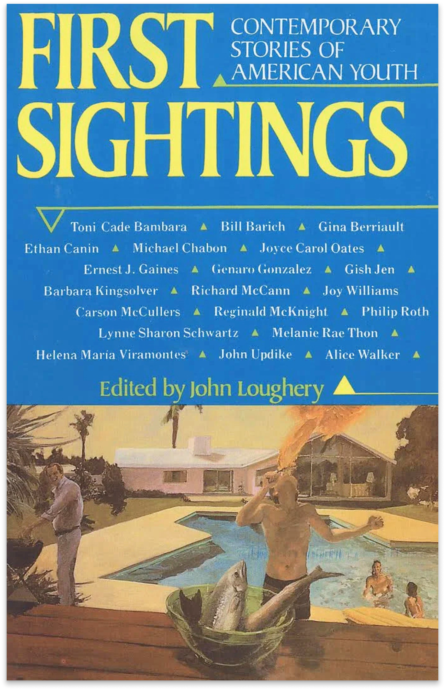 over of First Sightings, edited by John Loughery, showing a surreal poolside painting beneath a yellow title