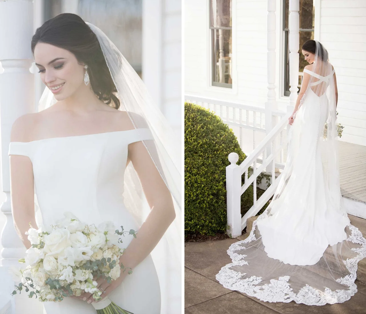 Another great option for the modern bride wanting to add a traditional veil to her look is a scalloped edged veil. Instead of just being cut in the traditional round shape, this veil is cut to mimic the scallop edged of the hand-cut lace trim that it is adorned with. What makes this veil even more special, is that it is lined with decadent bugle beads for added sparkle.
