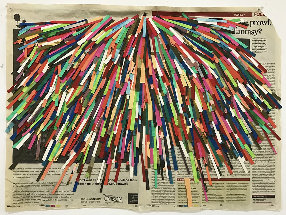Shower, 2009 gouache on paper, newspaper 46,5 x 63 cm