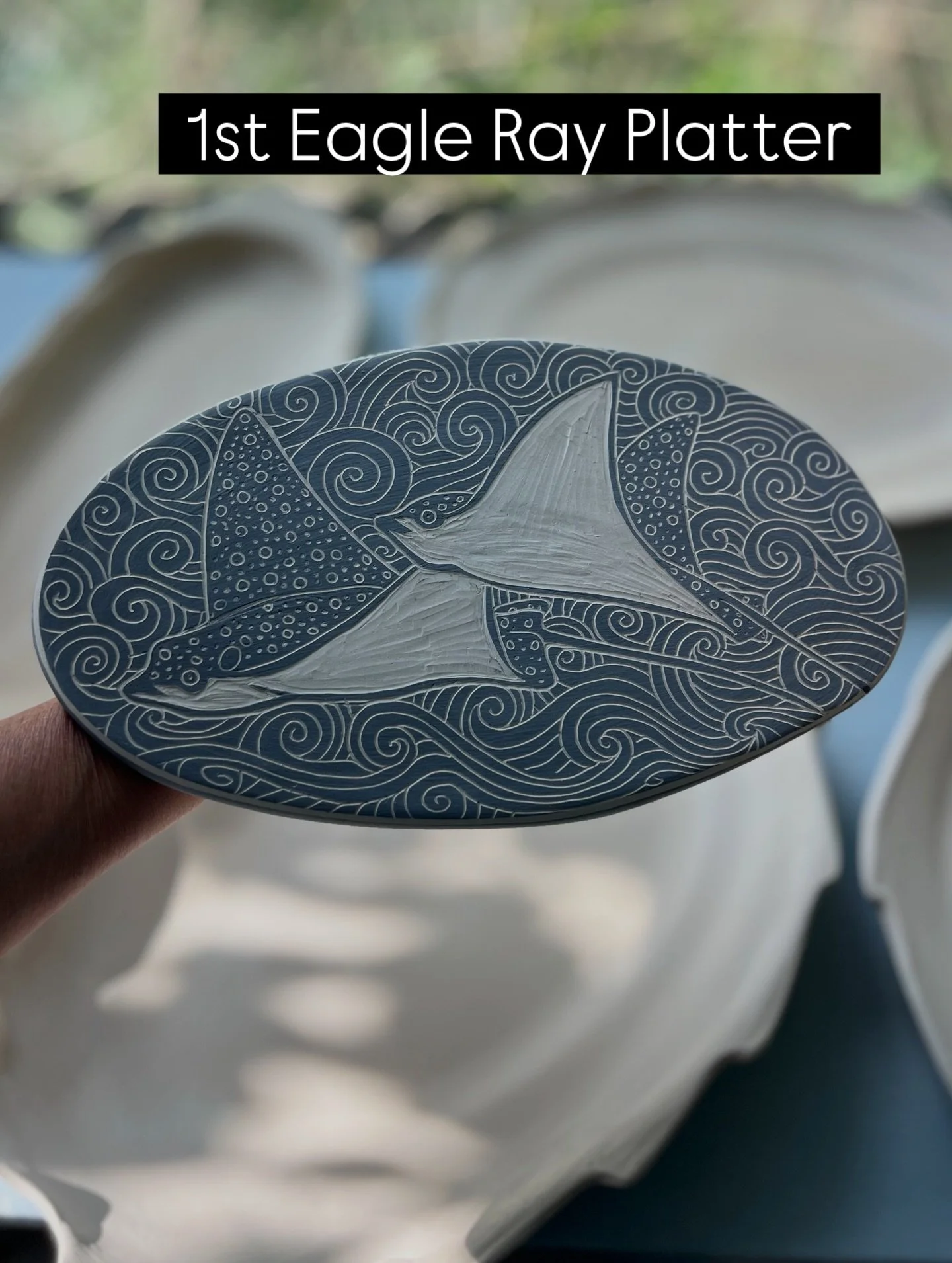 A spotted eagle ray flew below me on a night snorkel in Belize so I had to paint it

#eagleray #sgraffito #sgraffitopottery #nightdive #platter