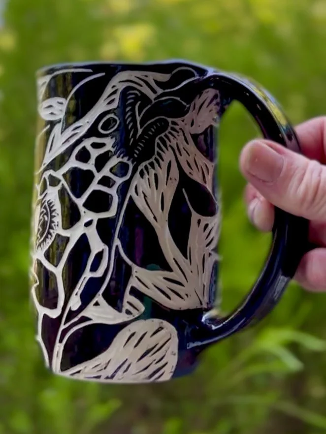 5 new mugs: Giraffe, &ldquo;I Love You&rdquo; sign, Osprey, Great Horned Owl skull and Sparrow.  All coming to Oregon Country Fair in just a few short days - July 10-12

#osprey #owl #giraffe #sgraffito #muglover