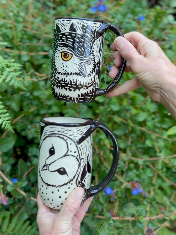 Mugs coming to Kings Mountain Art Fair this weekend! @kings_mountain_art_fair 

#mugs #sgraffito #owl #bat #heron