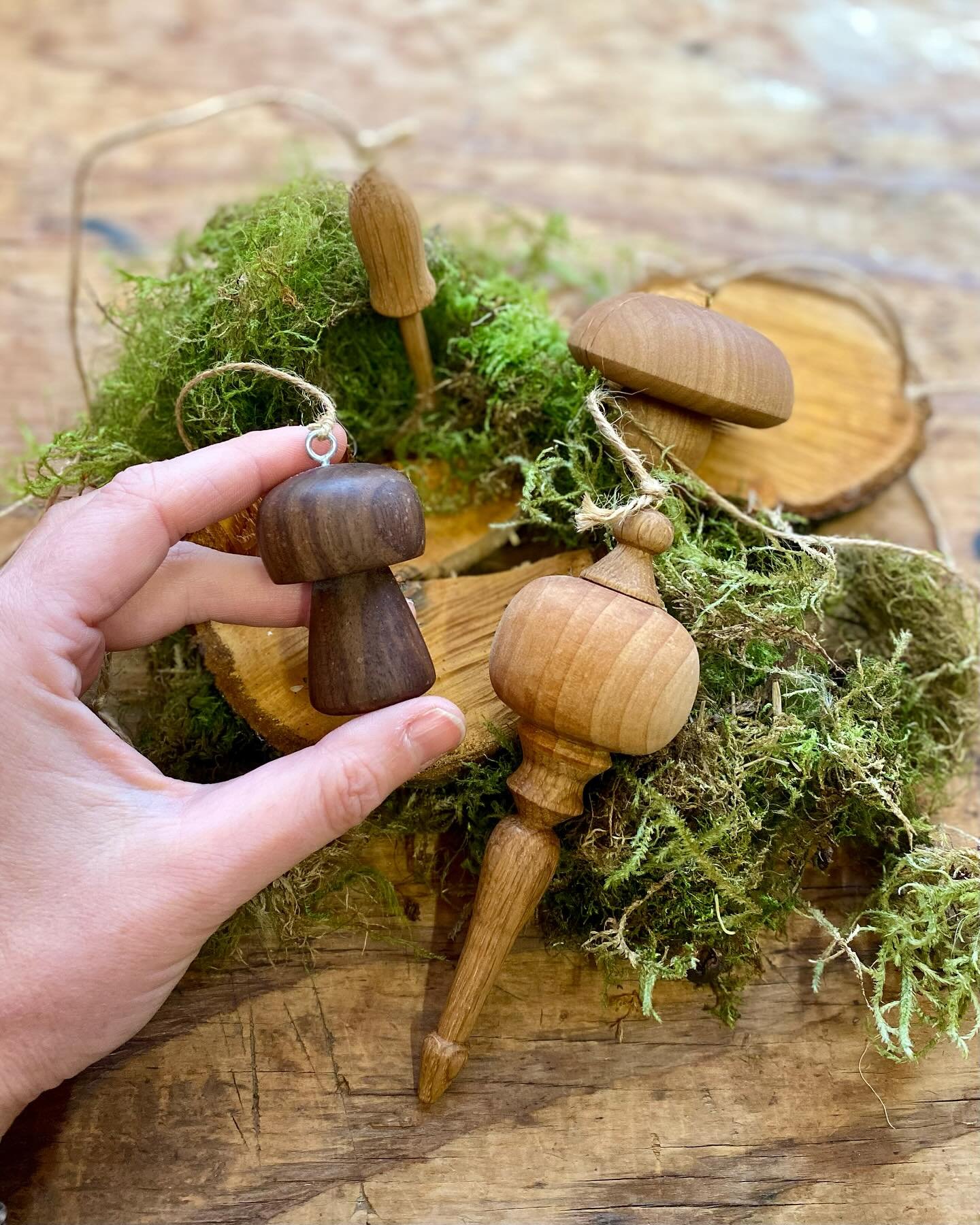 As many of you know, my partner Josh started @upstream_woodworks . When he has time amongst all his other obligations, he loves woodworking. He&rsquo;s been slowly crafting beautiful globe and spindles, mushroom ornaments and more! You can find his w