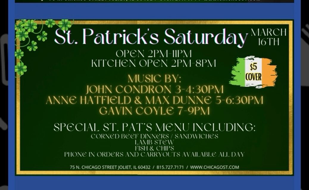 St. Patrick&rsquo;s Day is just around the corner!! Here are some gigs in the Chicago area:  March 2
Manhattan Irish Fest
2:00-3:00
@manhattanirishfest 
March 14
Rialto Square Theatre 
7:00

A Shamrockin&rsquo; Good Time | @rialtosquaretheatre 

Marc