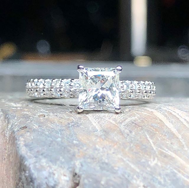 Pictures just don&rsquo;t do this ring justice...it&rsquo;s so incredibly sparkly in person! 1.1ct princess cut set in a custom Platinum Pav&eacute; mounting. I&rsquo;m looking forward to making some stacking wedding bands to sit next to this beauty!