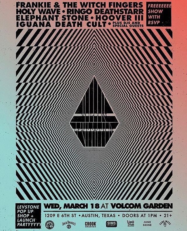 @sxsw is going to be a wild one this year. Kicking off the week just fine with this stacked bill at @volcomgarden brought to you by @levitation // @iguanadeathcult @elephantstone @holywavetx @hooveriii @frankieandthewitchfingers @ringodeathstarroffic