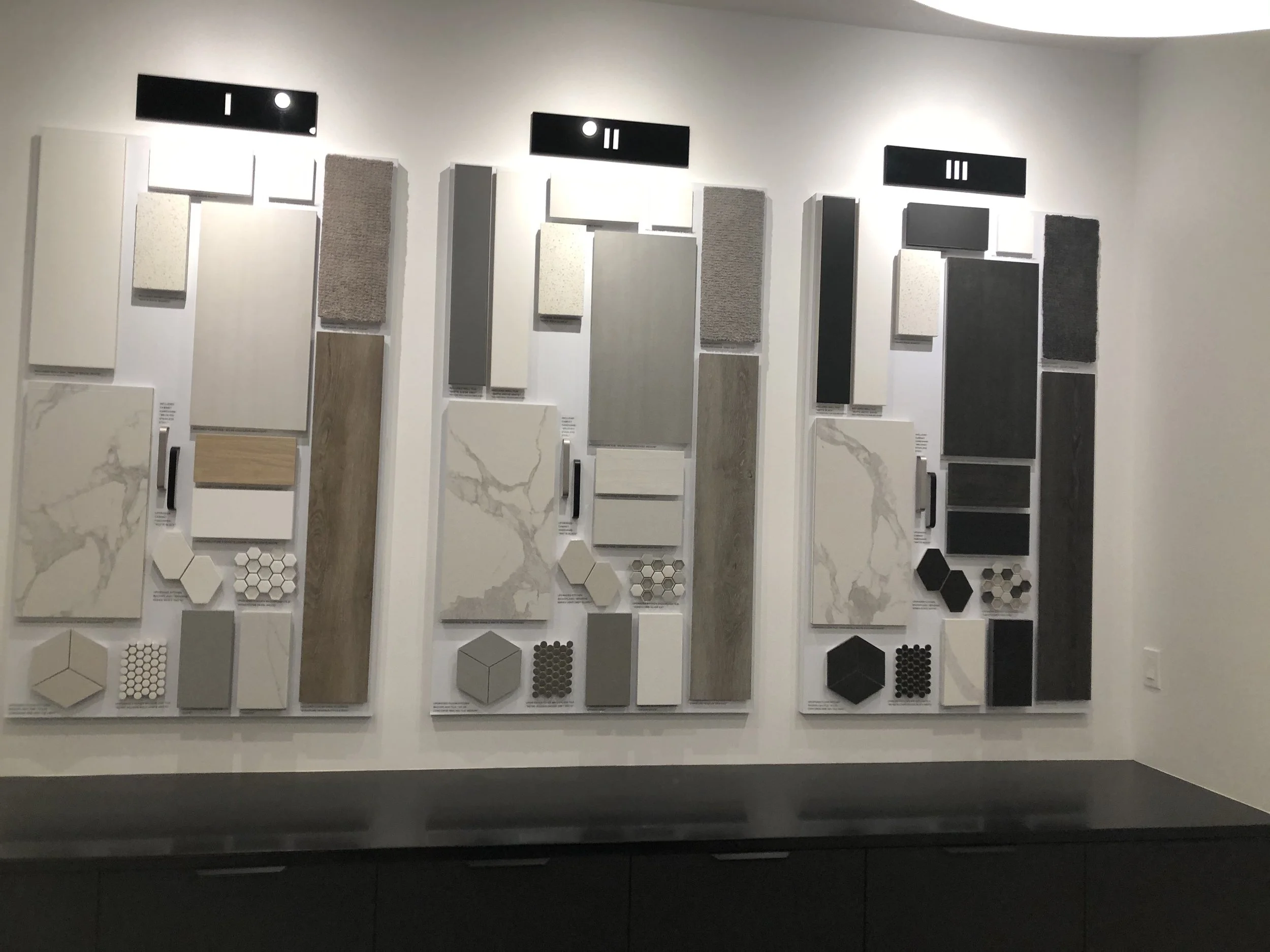 Design material sample boards and signage above