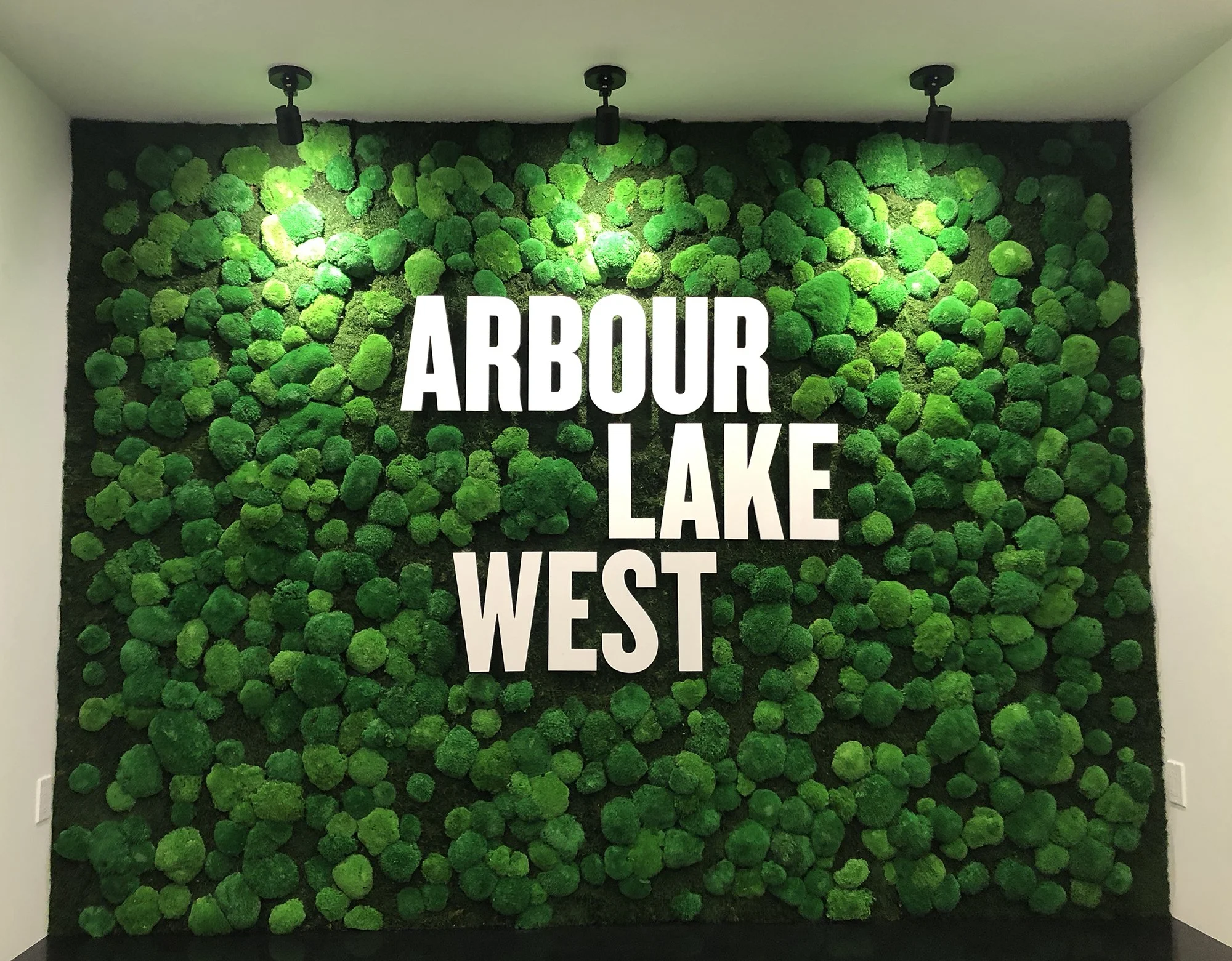 Hand-built preserved moss wall with dimensional signage