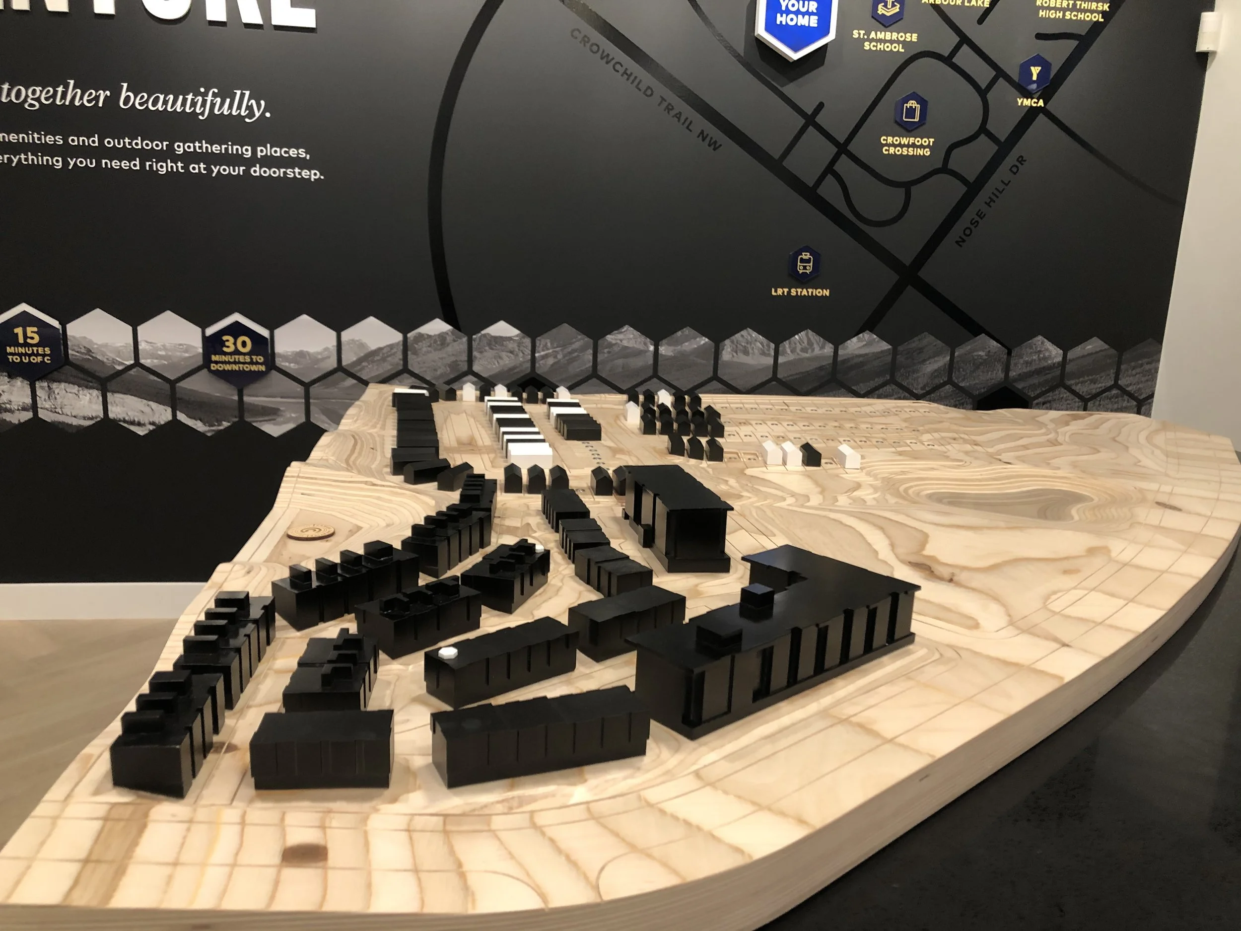 A closer look at the community map feature wall - dimensional type, vinyl graphics