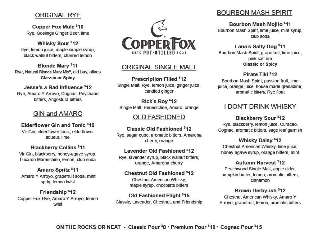 Copper Fox Distillery — Cocktail Menu