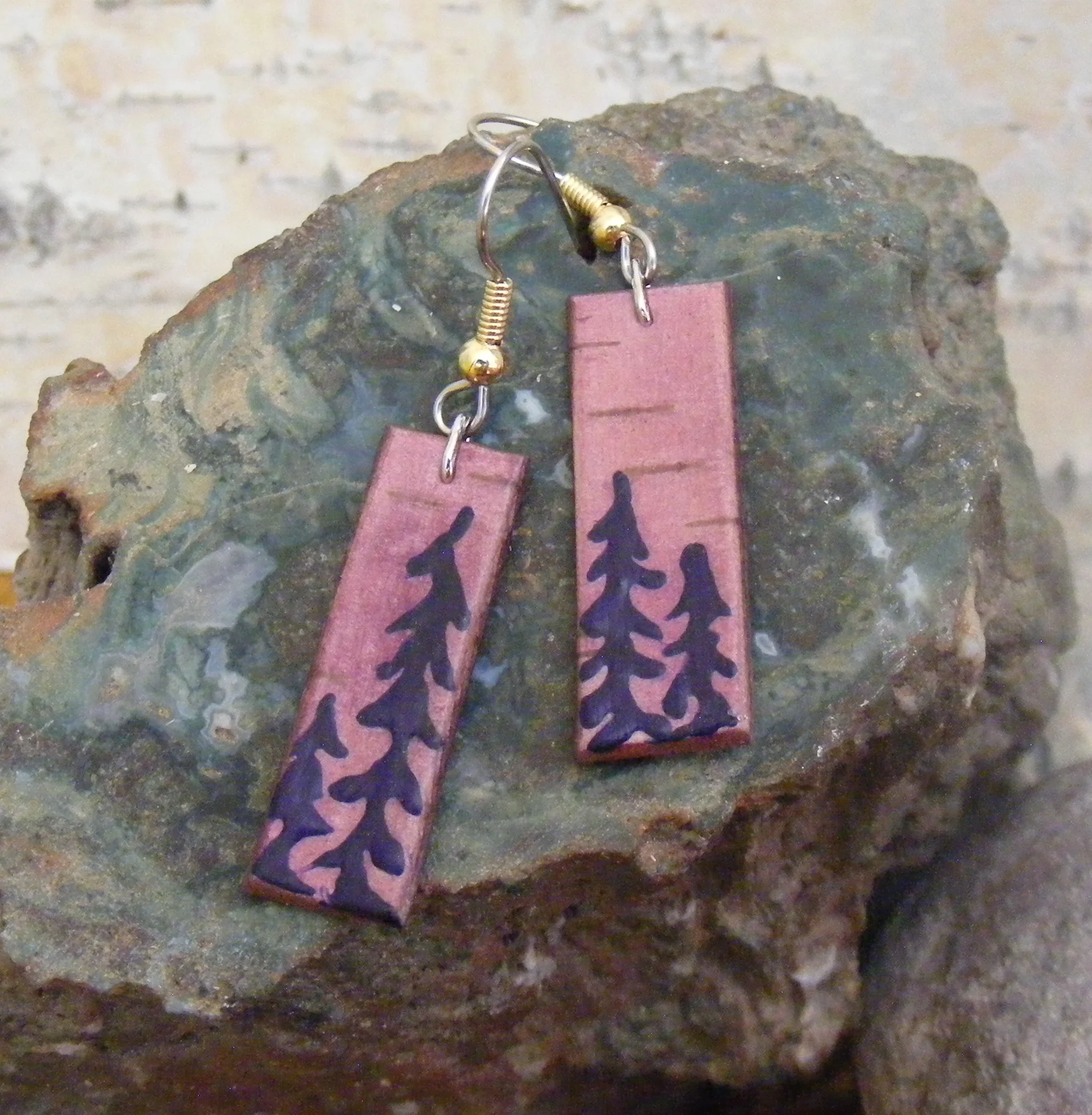 Boreal Silhouette Birch Bark Earrings in Purple
