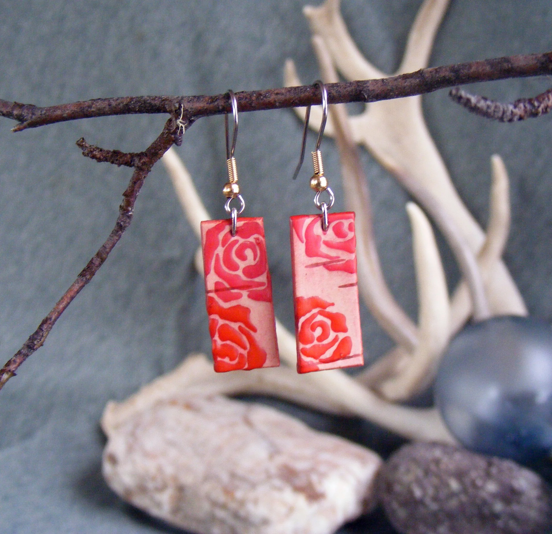 Red Rosa Birch Bark Earrings