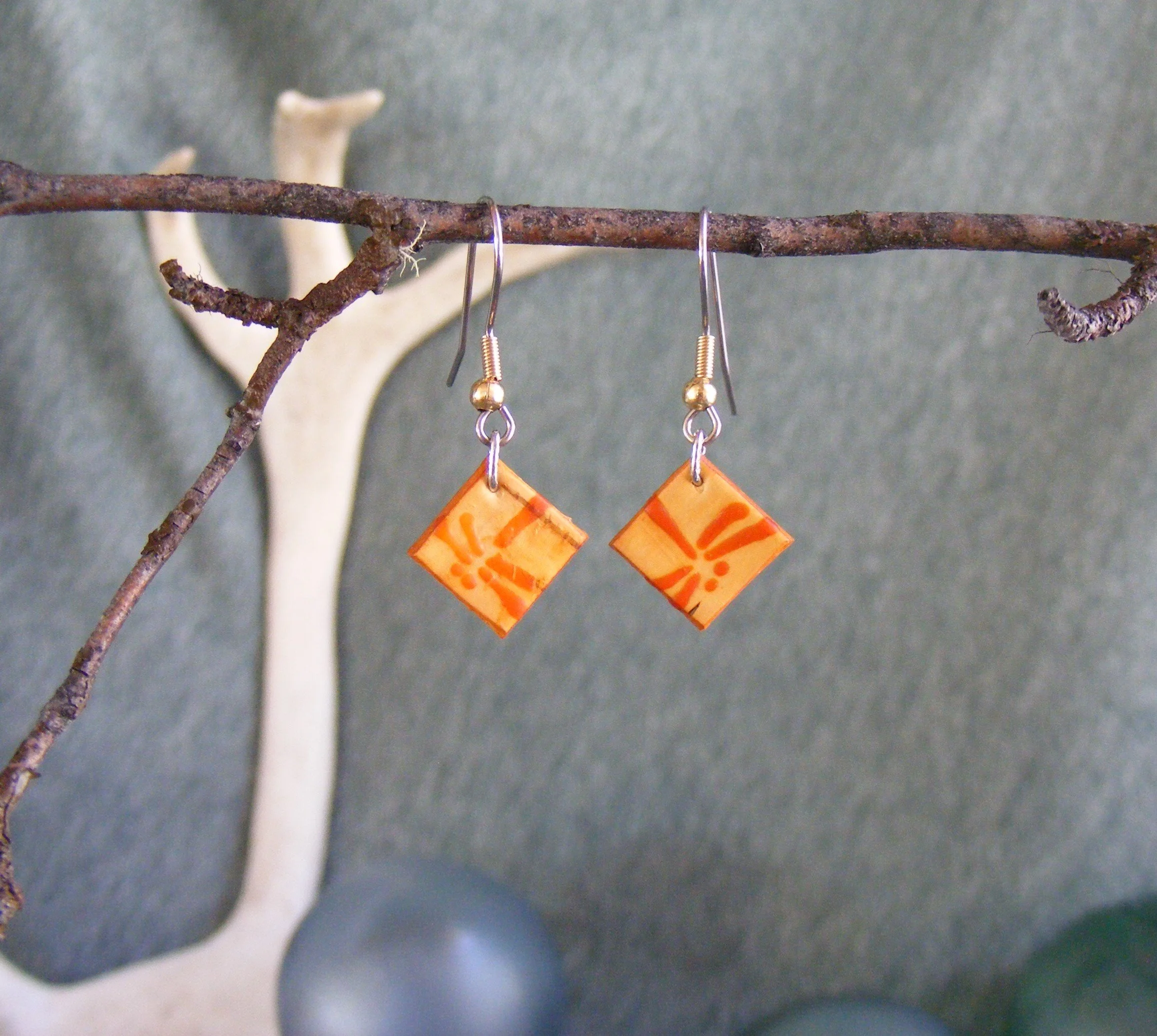 Yellow Dragonfly Birch Bark Earrings (Small)