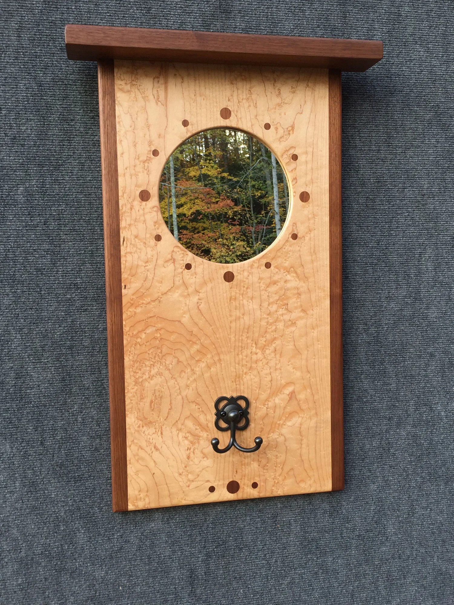 Maple and Walnut Mirror with Coat Hook