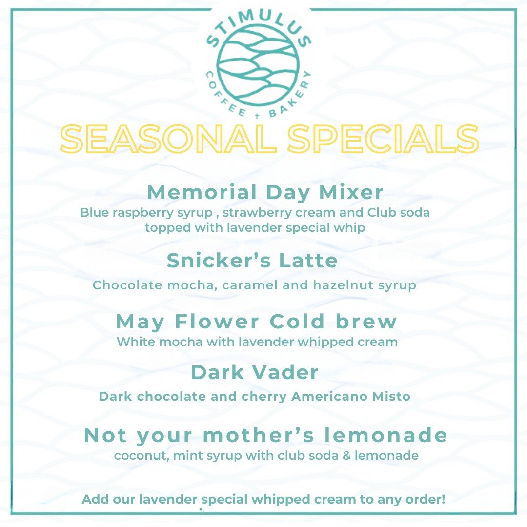 Come sip, savor, and experience the flavors of May with us! Awaken your tastebuds with our new seasonal specials! What will you try? Sea you soon!

#mayspecials #springcoffee #mayflavors #stimuluscoffeeandbakery #pacificcityoregon