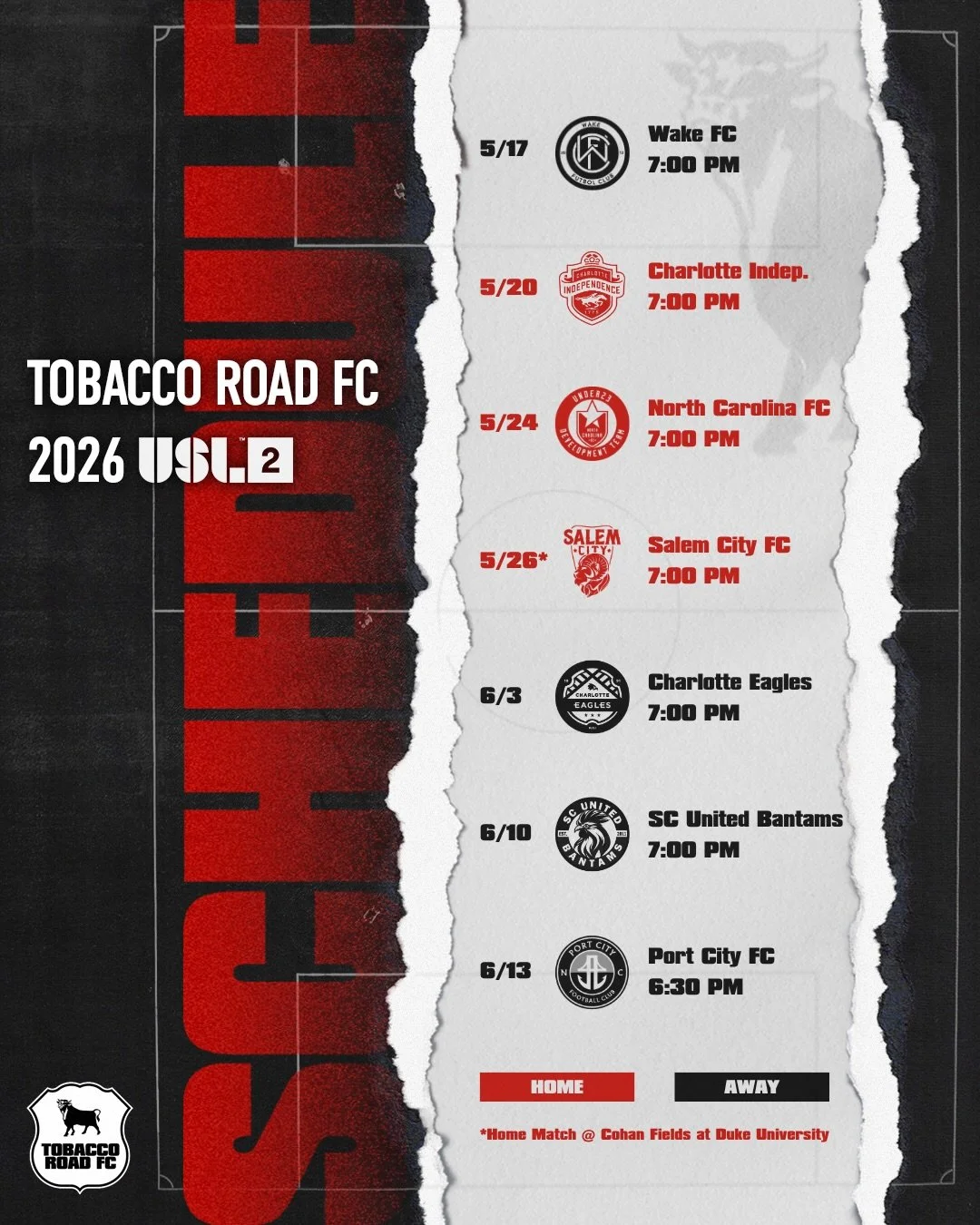 Presenting our 2026 USL2 league schedule. 🔥 

Single season ticket sales launching next week. 

Home games at Durham County Memorial stadium. 

Vamos Toros! 🐂