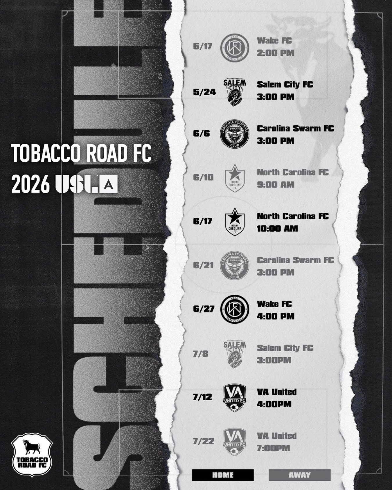 Presenting our 2026 USLA league schedule. Home games at Durham County Memorial stadium. 🏟️ Vamos Young Toros! 🐂