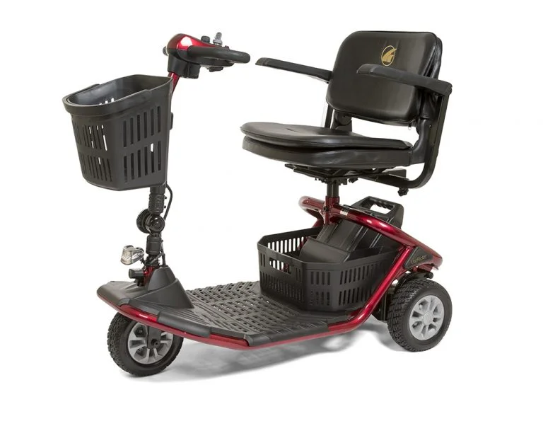 Golden Literider 3-Wheel The three-wheel LiteRider™ scooter from Golden features better range, a Delta Tiller standard, more attractive styling and more vibrant colors. A modern tubular frame design supports its 300 lb. weight capacity and its completely wireless disassembly makes transporting a breeze. The LiteRider GL111’s 9-inch, black low-profile tires are mounted on high-strength steel rims with shiny hubcaps. Its plush, deep-black vinyl stadium style seat comes with adjustable armrests and a full 360-degree swivel mechanism for getting on and off the scooter easily. You will also appreciate our two storage baskets, one on the tiller and one under the seat