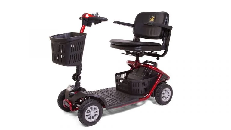Golden Literider 4-Wheel A modern tubular frame design supports its 300 lb. weight capacity, and its completely wireless disassembly makes transporting a breeze. The LiteRider GL141’s 9-inch, black low-profile tires are mounted on high-strength steel rims with shiny hubcaps. Its plush, deep-black vinyl stadium style seat comes with adjustable armrests and a full 360-degree swivel mechanism for getting on and off the scooter easily.