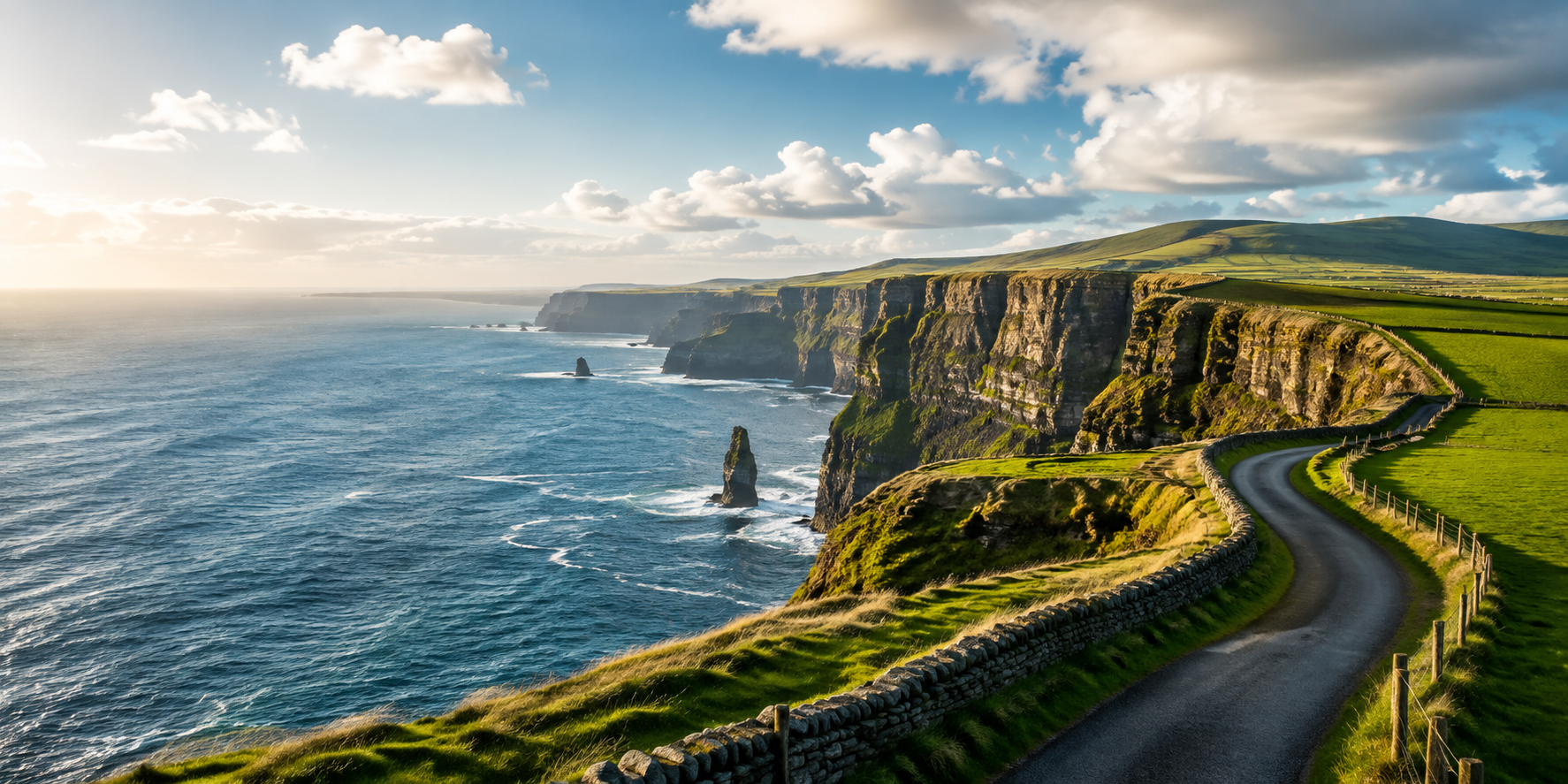 Scenic Irish Atlantic coastline with dramatic cliffs, green countryside and a winding coastal road.