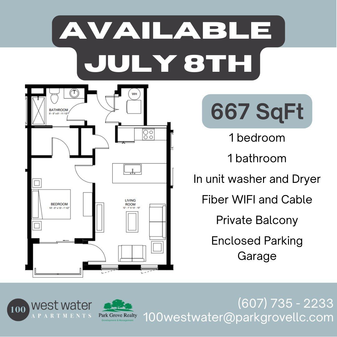 Available July 8th! Call (607) 735-2233 or email 100westwater@parkgrovellc.com for more information.