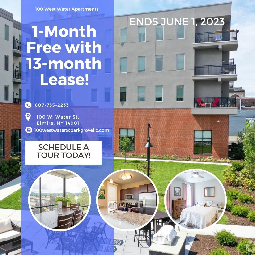 Act fast! Sign a 13-month lease and receive a free month! The offer ends June 1st!

To see available units please visit our website.

www.100westwaterapts.com