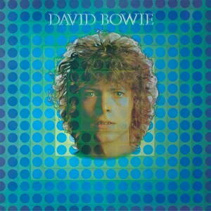 Copertina britannica David Bowie, Philips 1969: ritratto su una trama di cerchi blu e verdi