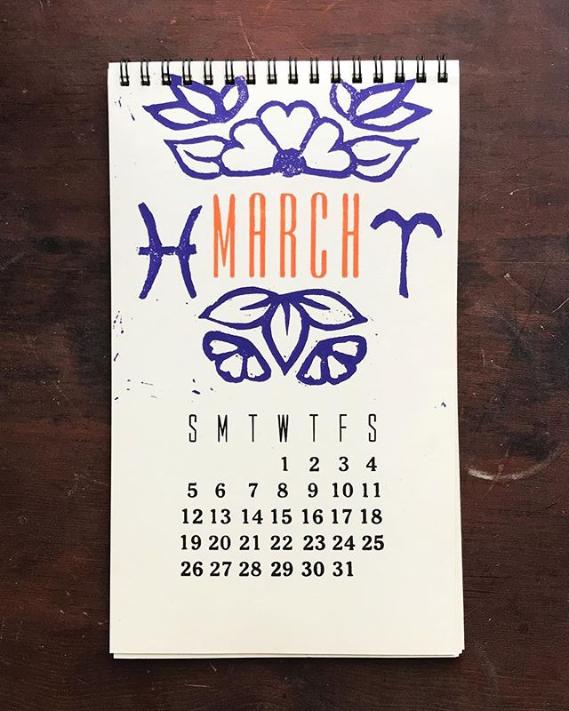 Shout out to my fellow Pisces ✌️ Made this hand-cut linoleum print &amp; letterpress calendar last winter. It&rsquo;s been March all year round tho because it&rsquo;s my favorite page 🤗
&bull;
&bull;
&bull;
#linoleumprint #letterpress #typography #g