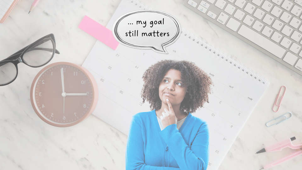 image of a woman thinking with a clock, claendar, and computer in the background