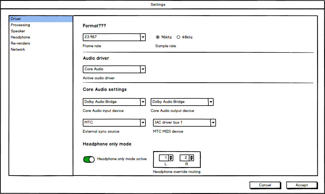 Wireframe of settings page