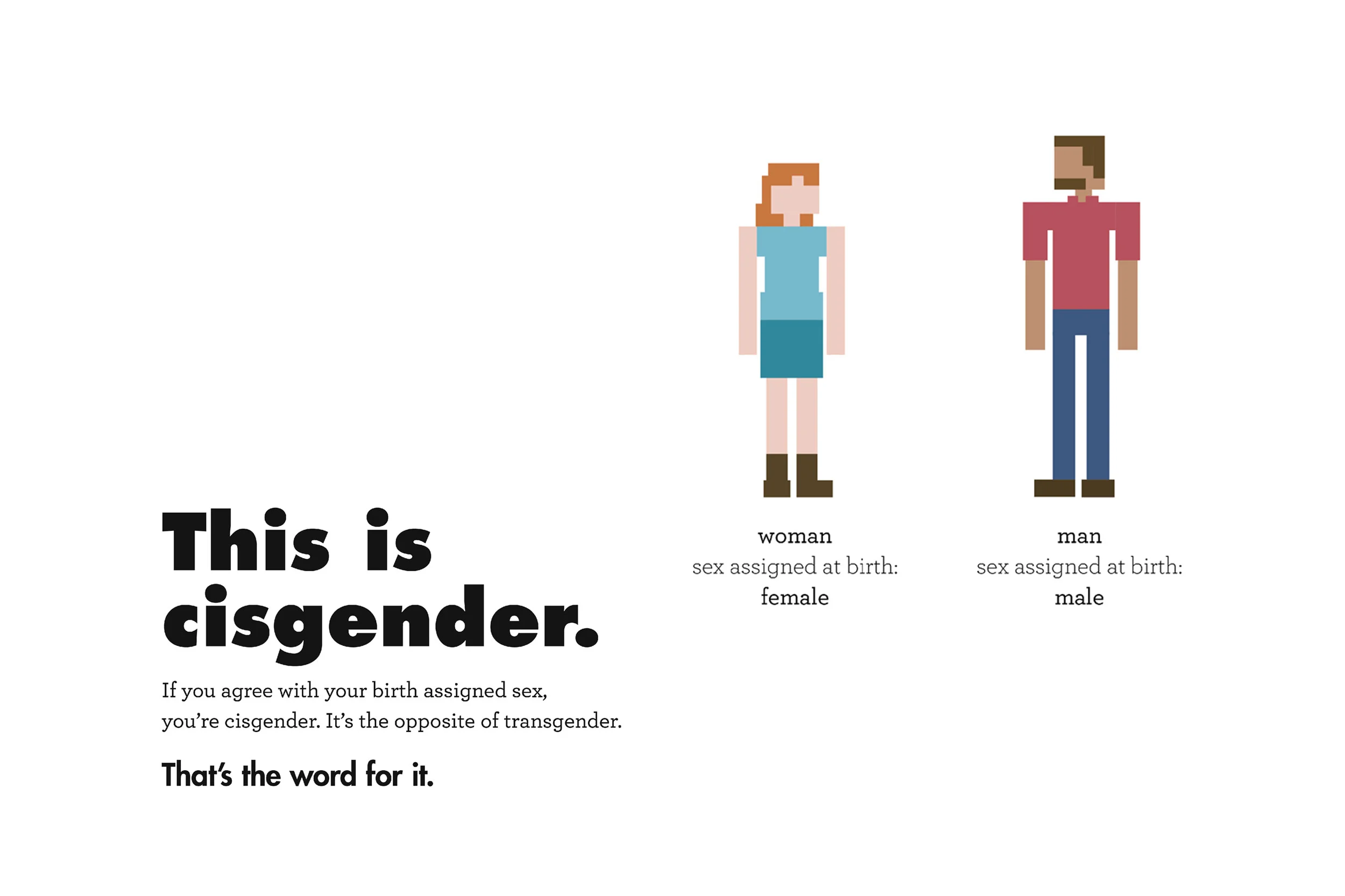 Text: This is cisgender. If you agree with your birth assigned sex, you’re cisgender. It’s the opposite of transgender. There’s a word for it. Illustration Description: White background with black text and two figures in 8-bit pixel style. Figure 1: Has pale skin, red hair that goes beyond the shoulder, a blue tank top, green mini skirt and black boots. Label: woman assigned female Figure 2: Is taller with light brown skin, short brown hair and a brown goatee. This figure is wearing a red short sleeve collared shirt, blue pants and black shoes. Label: man assigned male