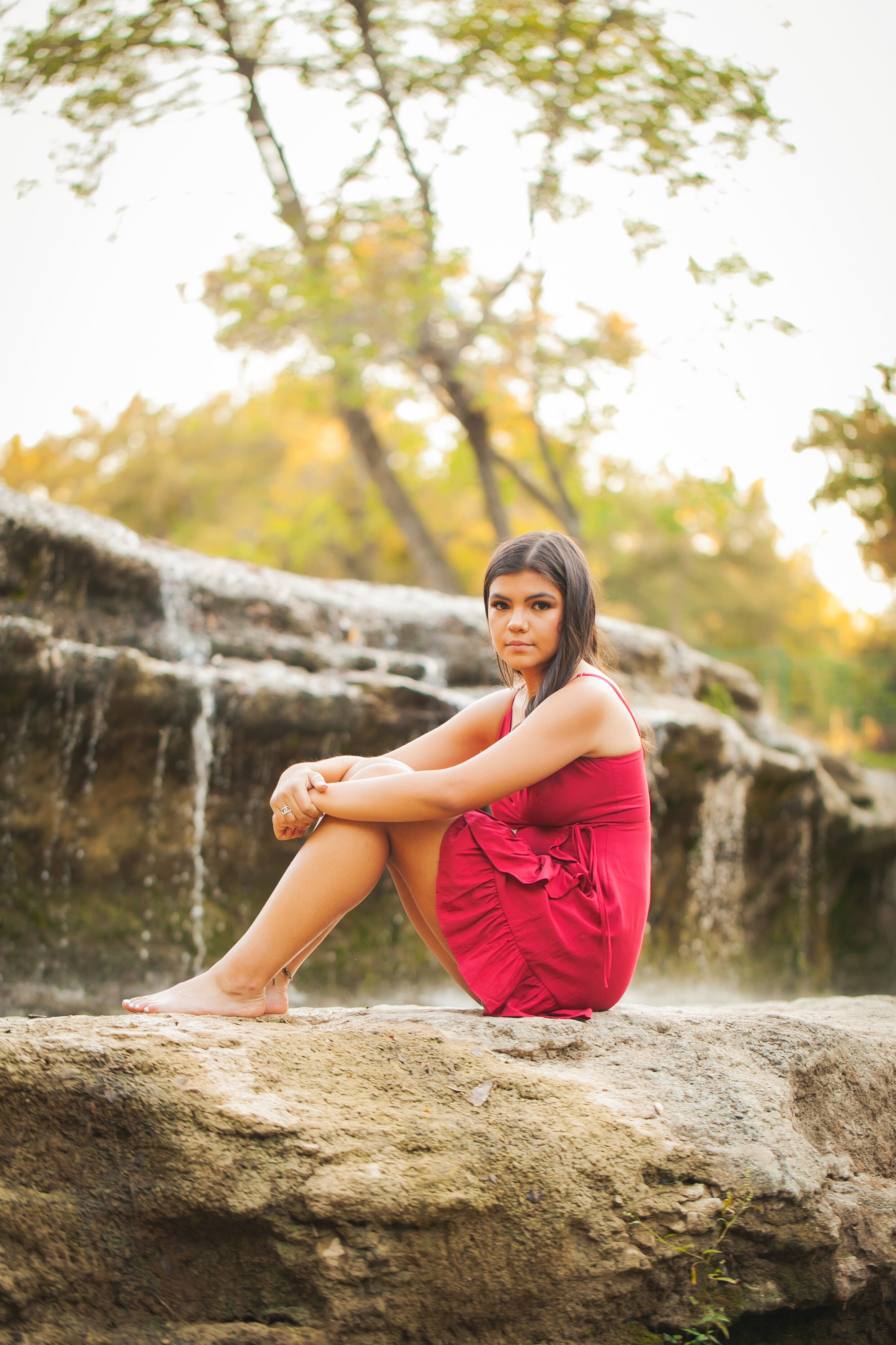 senior-photoshoot-waterfall-red-dress-outdoor-portraits-fort-worth-photographer