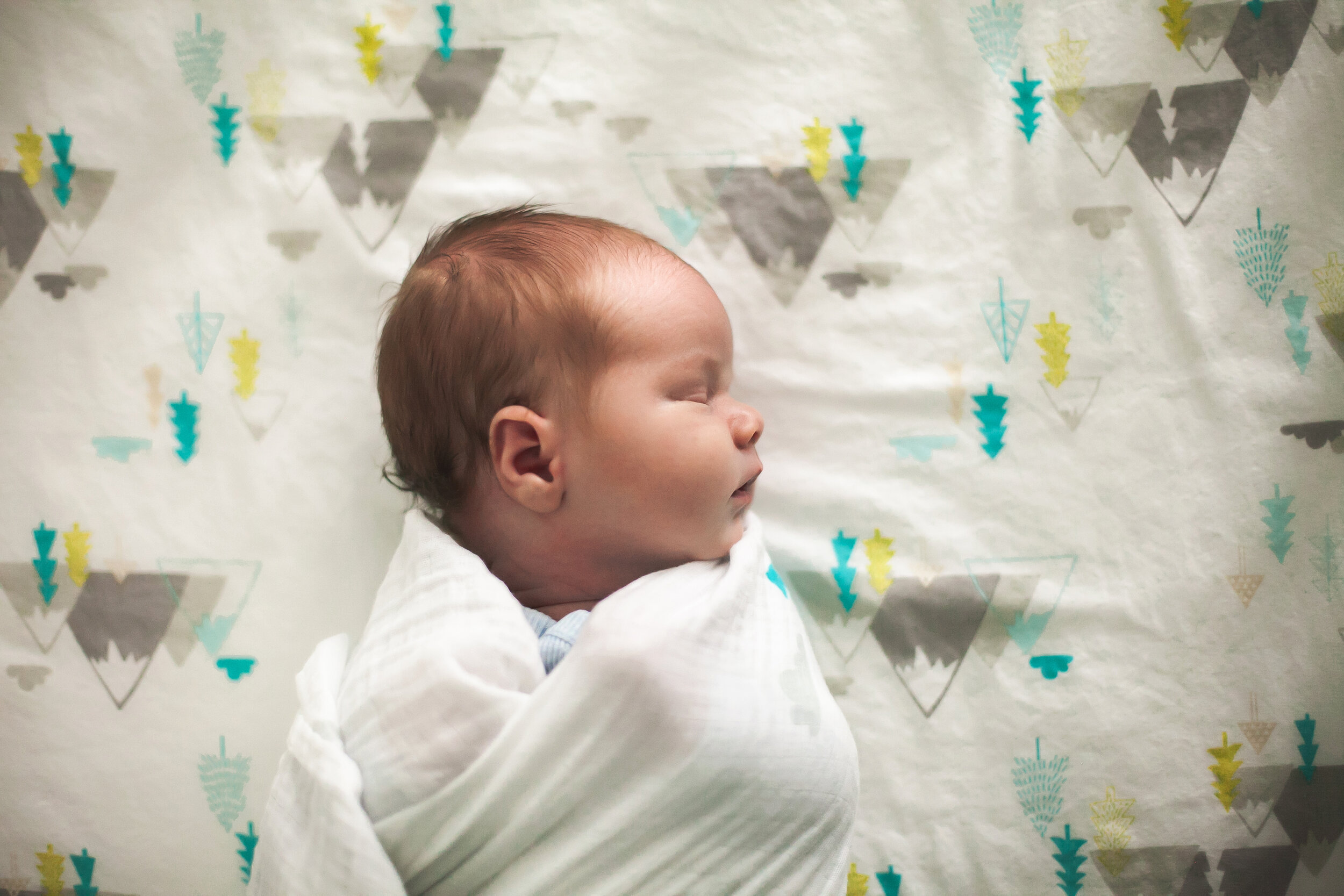 newborn-baby-boy-profile-portrait-mountains-crib-bedding-wrapped-up-newborn-photographer-colleyville