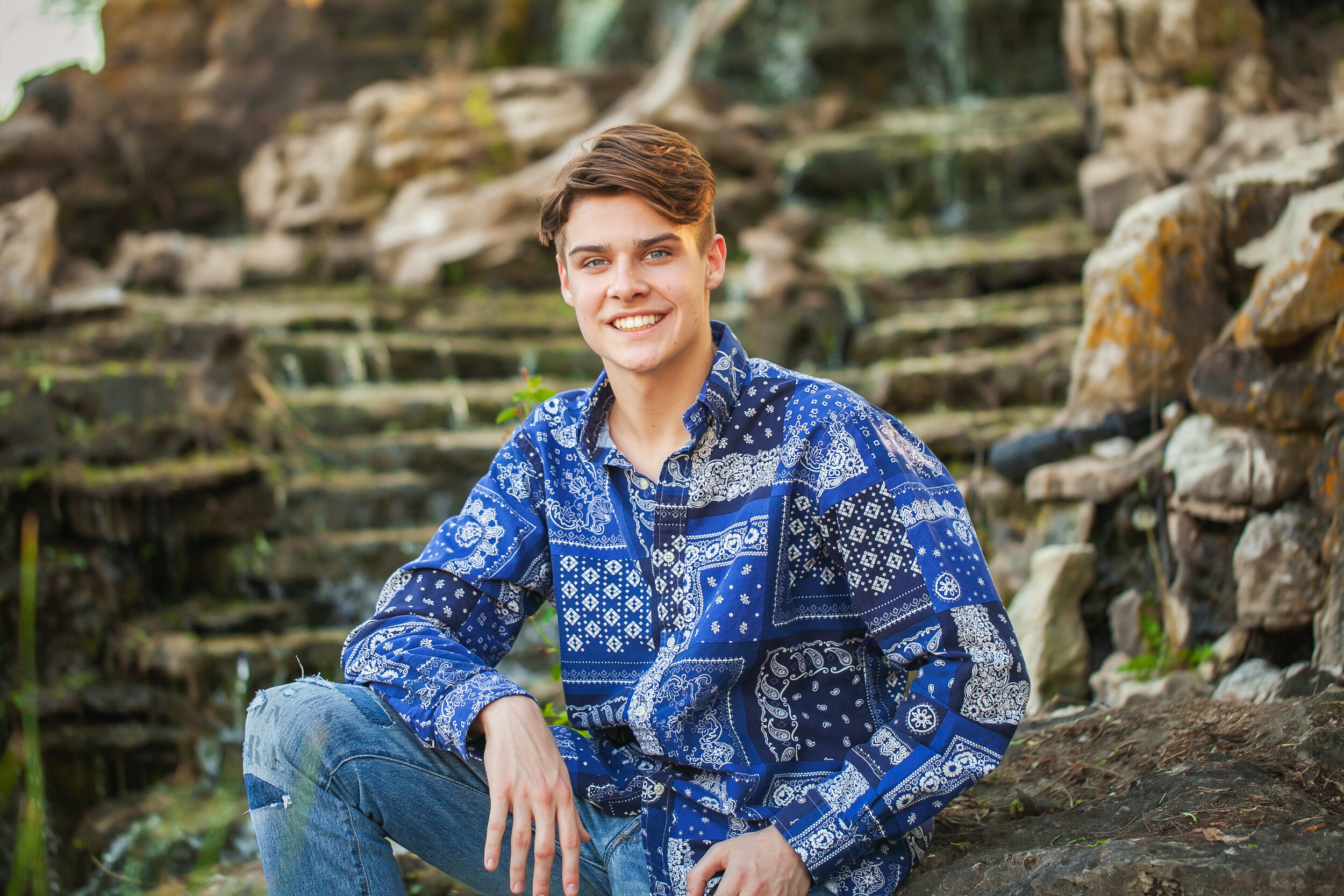 real-smiles-waterfall-blue-shirt-ralph-lauren-guys-style-senior-photographer-fort-worth