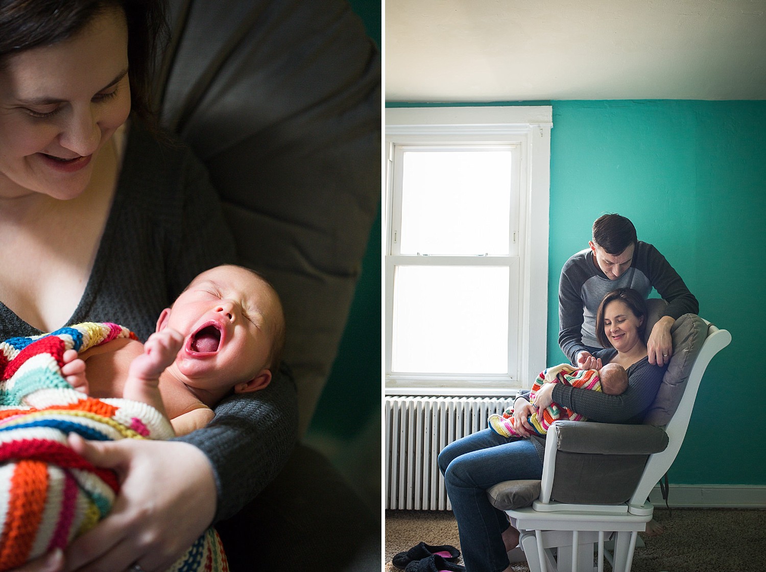  Tiny newborn yawning while being held by her mother. 