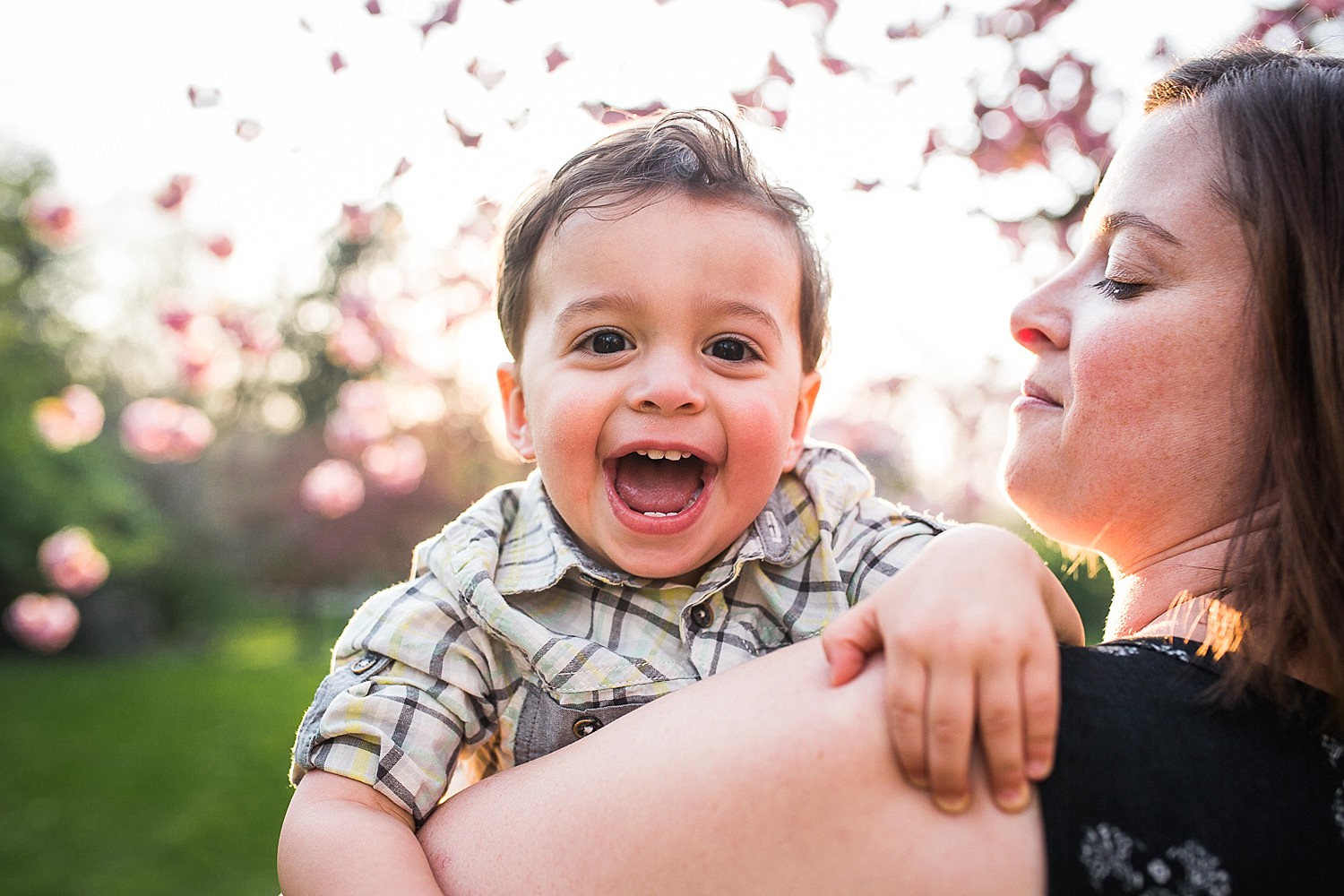  Happy close up photo of a mother holding her laughing toddler son in front of a flowering cherry tree at Buchmiller Park. 