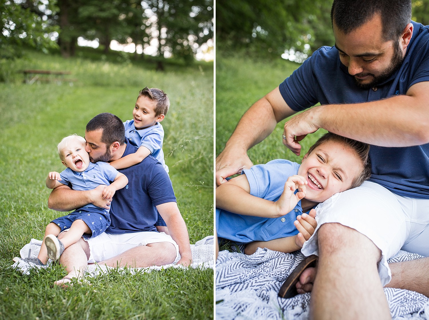  Photo of a dad and his sons laughing and tickling one another outside in the grass. 