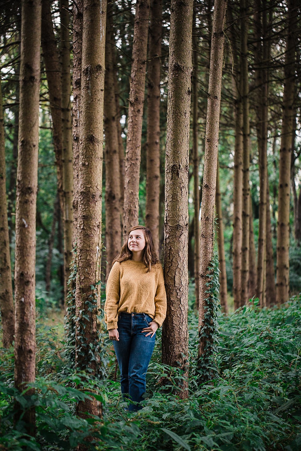  Lancaster senior session photo of a young girl in a yellow sweater and jeans standing in a pine forest. 