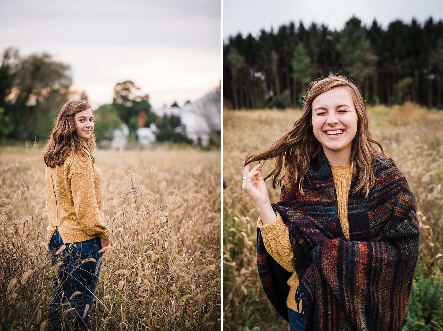  Lancaster senior session photo of a young girl with brown hair wearing a yellow sweater and striped blanket standing in a field of golden grasses. 